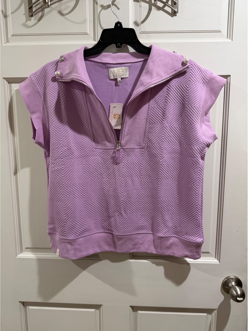 Simply Southern Lavender Half-Zip Pullover with Pearl and Rhinestone Collar, L